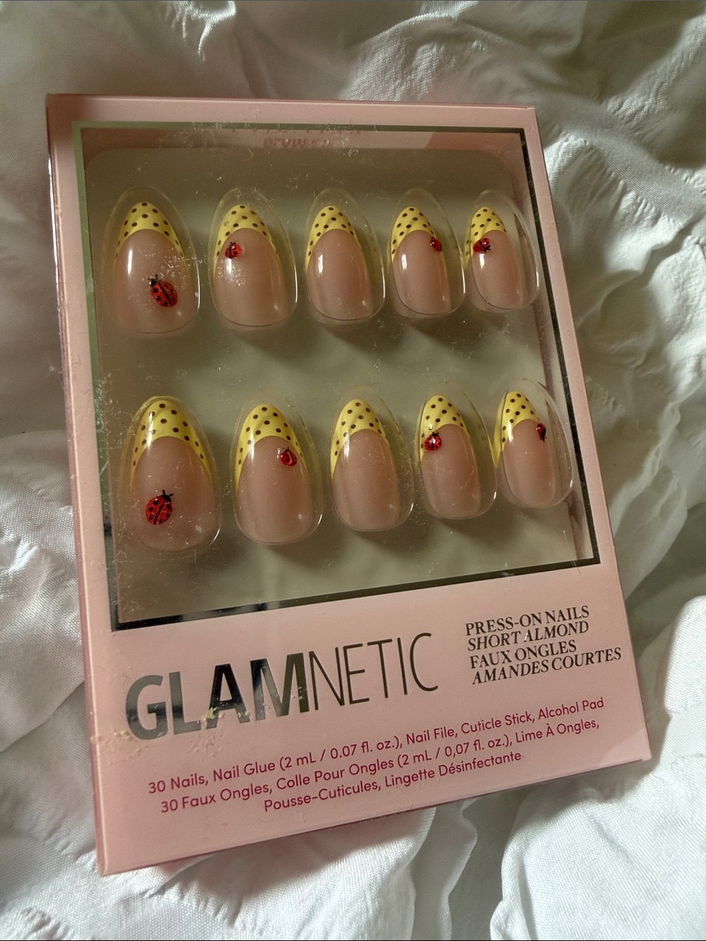 Glamnetic Short Almond Press-On Nails in Yellow Polka Dot with Ladybug Accent